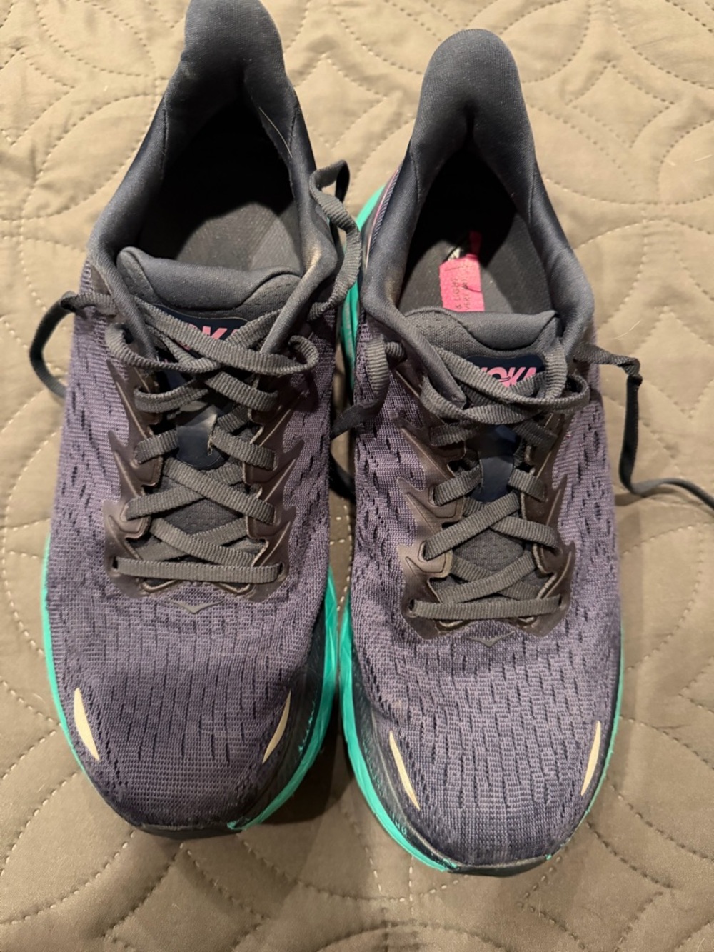 Clifton 8- Hoka One One Women's Running Shoes - Navy with Teal and Pink Accents
